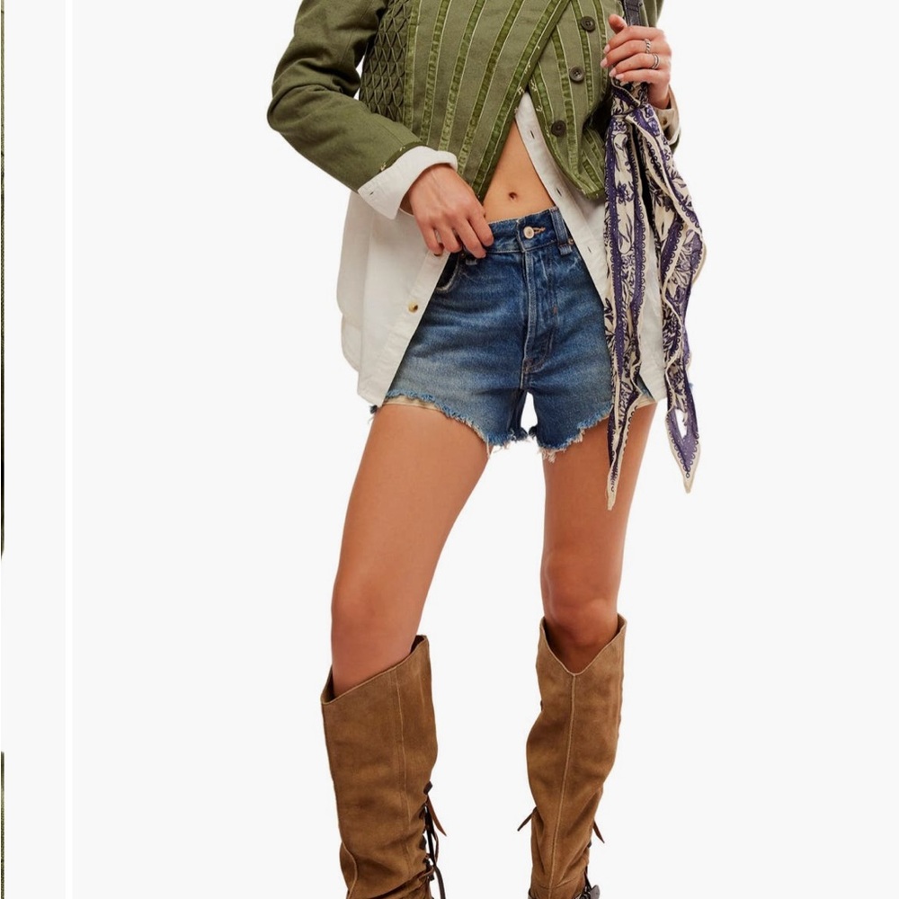 Green Jacket with Denim Shorts and Brown Boots